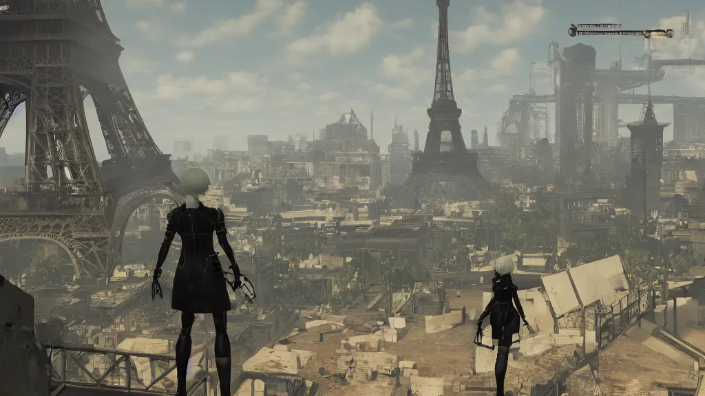 Image similar to Screenshot from Nier Automata, near the Eiffel tower in Paris