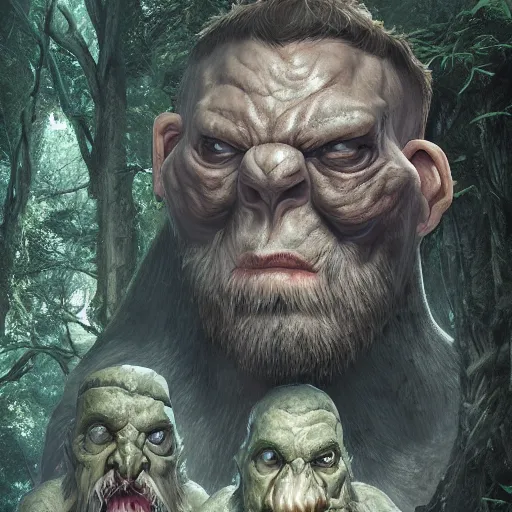 Image similar to two heads giant ettin from dnd in a dark forest, two heads, double heads, digital art, high quality render, artstation, 8 k, photograph quality, ultrahd