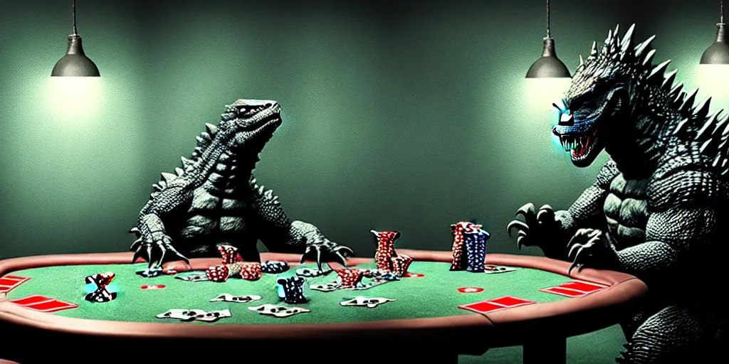 Prompt: godzilla playing poker and drinking in a cozy dungeon, cobwebs, grunge, dungeon, mossy, volumetric lighting, hyper real, pencil art, moody lighting, eldritch horror, comfy