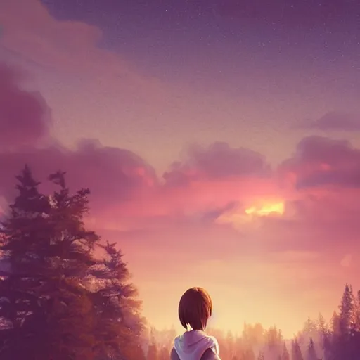 Prompt: max caulfield looking at beautiful sky at night, intricate, youth, artstation, life is strange, edouard caplain, ue 5, highly detailed, 8 k, landscape, beeple, jessica rossier