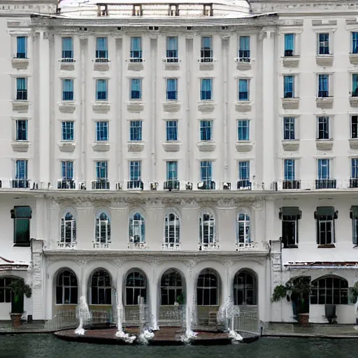 Image similar to a white grand hotel, with a hundred of windows, and a fountain at the yard of the hotel, satellite view photo