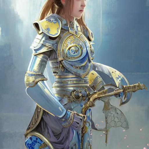 Image similar to portrait knights of Zodiac girl, Chinese Blue and white porcelain color reflected armor, in ruined Agora of Athens, ssci-fi, fantasy, intricate, very very beautiful, elegant, golden light, highly detailed, digital painting, artstation, concept art, smooth, sharp focus, illustration, art by tian zi and WLOP and alphonse mucha