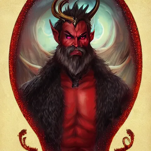 Prompt: dnd portrait of a tiefling, male, red scales, a big black beard, completely golden eyes, 1 curved horn growing out of his forehead, one broken horn growing out of his forehead,