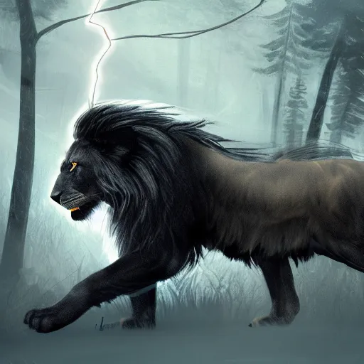 Image similar to photography of a black lion with gold lightnings in the fur in the middle of the ancient forest , concept art, huge scale, photorealistic, high details by Nick Nichols