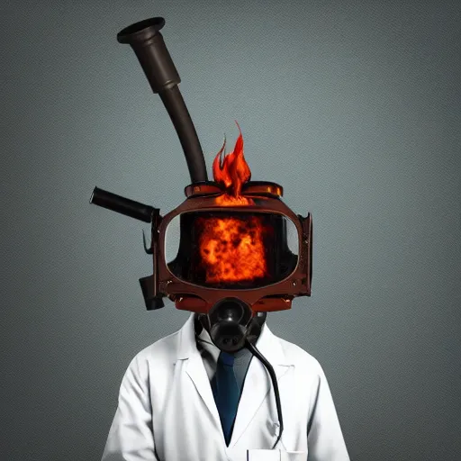 Prompt: An album cover, fire, mask, stethoscope, 3d render, ((robot)), (unreal engine), ((rust)), photograph, portrait, painting, trees