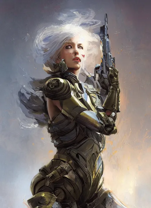 Image similar to a professional painting of a beautiful young female, clothed in military armor, olive skin, long dark hair, beautiful bone structure, symmetrical facial features, intricate, elegant, digital painting, concept art, smooth, sharp focus, illustration, from Metal Gear, by Ruan Jia and Mandy Jurgens and Artgerm and William-Adolphe Bouguerea