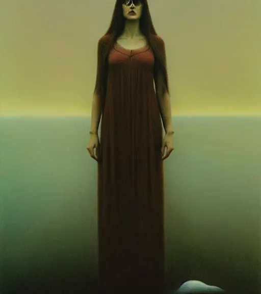 Prompt: A beautiful portrait of Alexandra Daddario, painting by Zdzisław Beksiński, utopian realism, formalism, doomsday