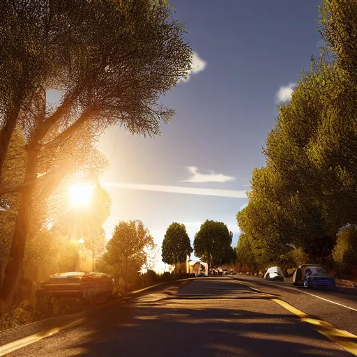 Prompt: neighborhood street, golden hour, golden sunshine, trees over road, shining sun in distance, trees, juniper trees, oak trees, cars parked in street, long street, distance, cel - shaded, raytracing, cel - shading, toon - shading, unreal engine 5