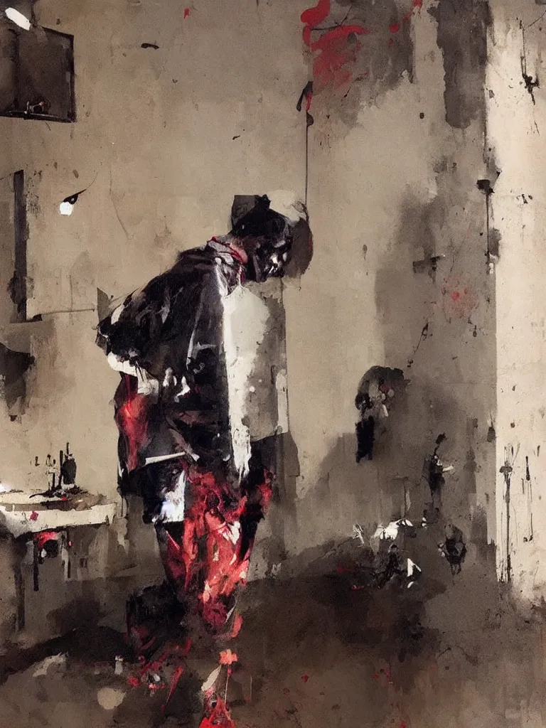 Image similar to a beautiful picture by joram roukes of a man looking at his phone in a bathroom, color bleeding, brushstrokes by jeremy mann, head skull