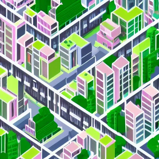 Image similar to isometric illustration of a dense urban city, lots of tall buildings and trees, pastel green and pastel pink colors, fun, soft, extremely detailed, 3d render, playful, sharp lines, toon shader, soft shadows, trending on artstation