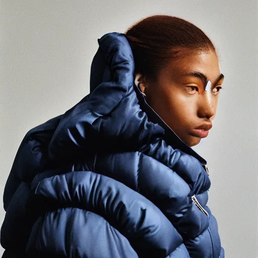 Image similar to realistic! photoshoot for a new balenciaga lookbook, color film photography, portrait of a beautiful woman wearing a puffer jacket, photo in style of tyler mitchell, 35mm