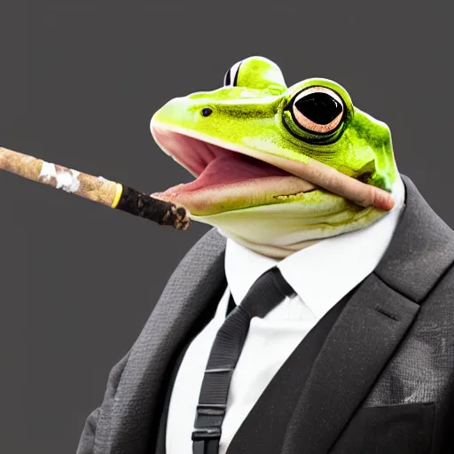 Image similar to a high detail closeup shot of a frog wearing a suit 👔,and smoking a cigarrette🚬