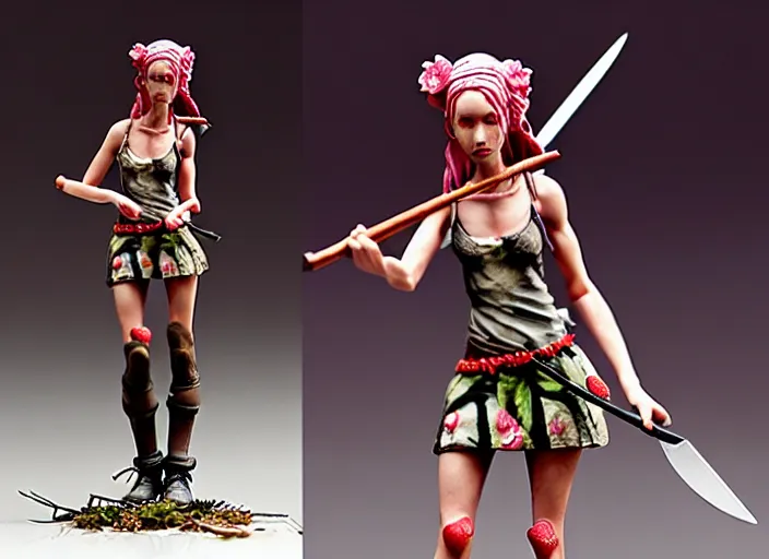 Prompt: a dramatic femo figurine of a cute funny spear wielding strawberry fairy survivalist with bandages wearing a dirty floral torn dress featured on left 4 dead by studio ghibly and gamesworkshop, carrying survival gear, wearing strawberry backpack, using a modelling knife as a spear, dark foreboding atmosphere, 🎀 🗡 🍓 🧚