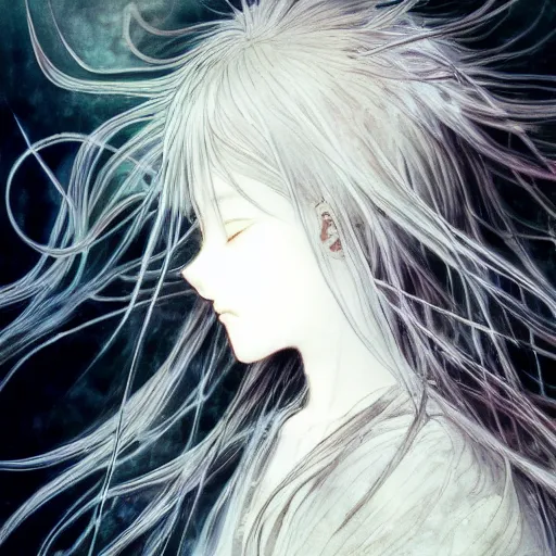 Image similar to Yoshitaka Amano blurred and dreamy illustration of an anime girl with wavy white hair and cracks on her face wearing Elden ring armour with the cape fluttering in the wind, abstract black and white patterns on the background, noisy film grain effect, highly detailed, Renaissance oil painting, weird portrait angle