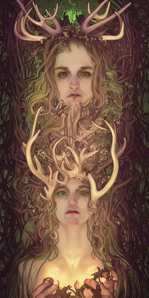 Prompt: intense bioluminescent glowing pagan god with antlers and tusks and pure black eyes in very dark forest by mark ryden and alphonse mucha, portrait, fantasy, clear, light beams, lens flare, intense, uhd, amazing depth, cinematic lighting