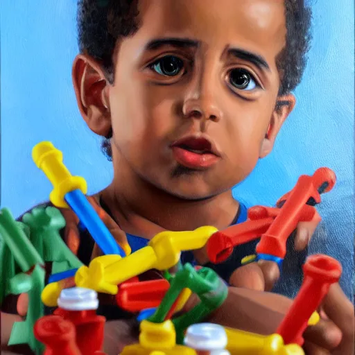 Prompt: oil painting of suaddam hussein playing with bionicles, realistic, hyperdetailed