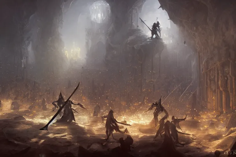 Image similar to people tripping over a pile of swords in an arena, fantasy, d & d, digital painting, by randy vargas, digital painting, volumetric light, intricate, sharp, focus, bloom, illustration, highly detailed, concept art, matte, greg rutkowski