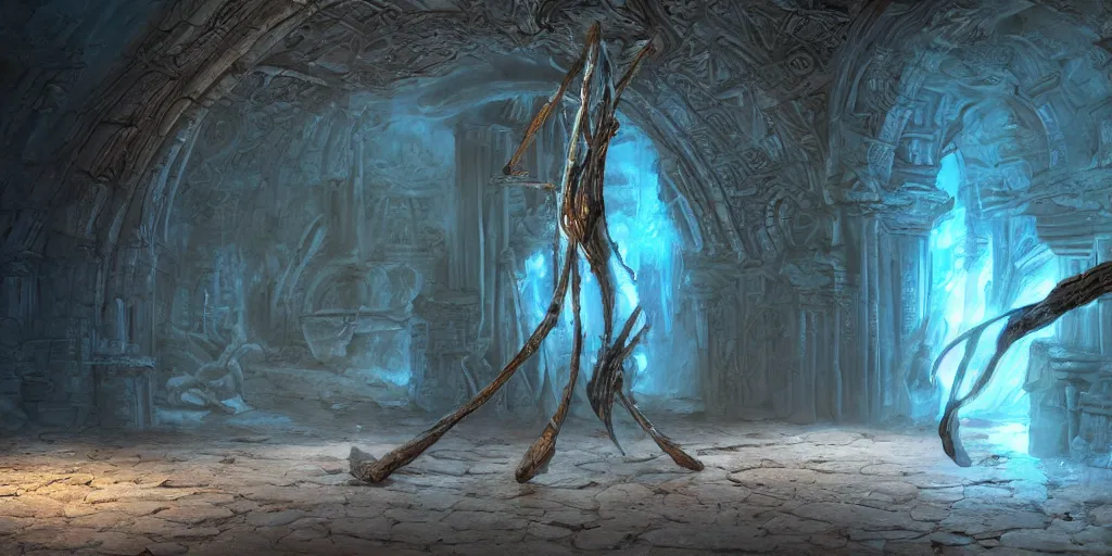 Image similar to old twisted wooden staff weapon with a blue crystal at it's tip, fantasy movie scene greg rutkowski digital painting of an ornate and royal egyptian antechamber tomb, unreal engine, hyper realism, realistic shading, cinematic composition, blender render, octane render, hdr, detailed textures, photorealistic, ultrawide shot, 3 5 mm film