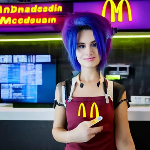 Image similar to a cute cyberpunk girl working in a mcdonaldpunk fastfood restaurant