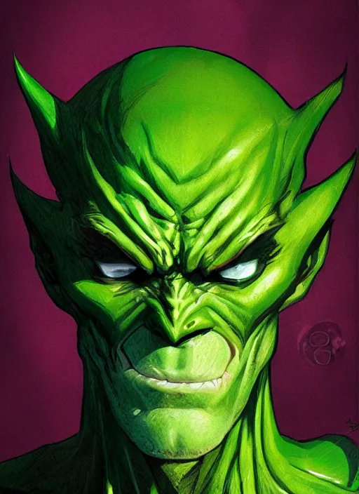 Prompt: green goblin, illustration, sharp focus, highly detailed, vertical portrait, concept art, smooth, dramatic lighting, facing forward, face in focus, in the style of Jim Lee