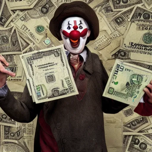 Image similar to A poor clown holding a giant dollar banknote, background is a slum, artstation, cgsociety, masterpiece