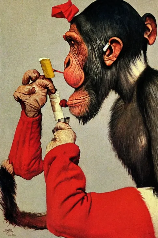 Image similar to a chimp in a clown suit smoking a cigarette, painted by Norman Rockwell