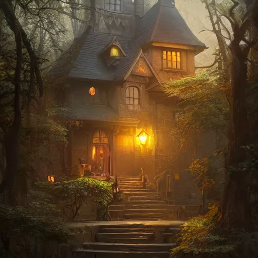 Prompt: house of little wizards, magical world, by greg rutkowski, sung choi, photo realistic, 8 k, cinematic lighting, hd, atmospheric, hyperdetailed, trending on artstation, devainart, digital painting, glow effect