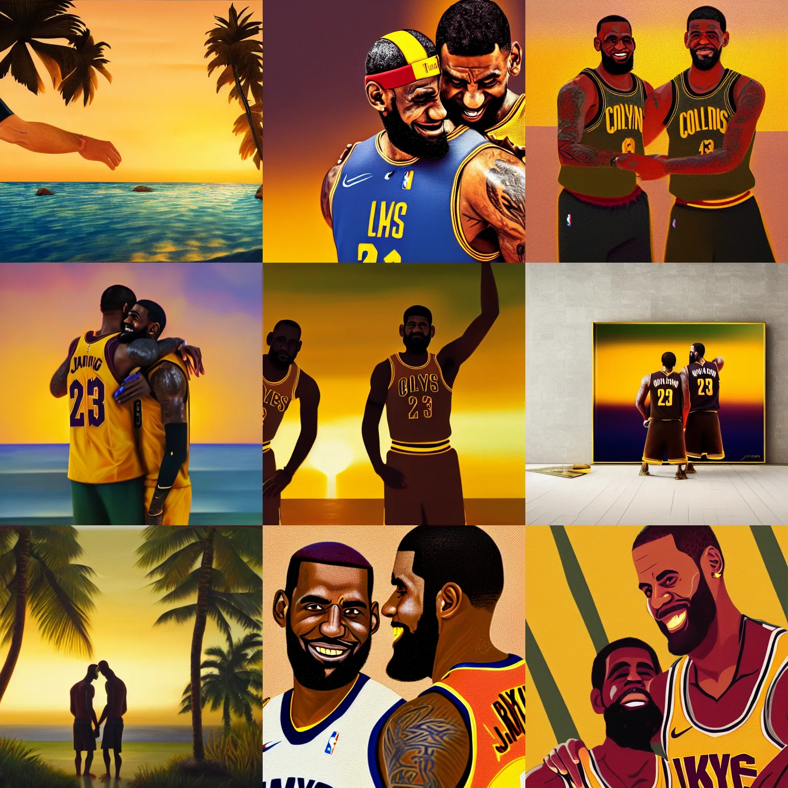 Prompt: lebron james and kyrie irving hugging, tropical island, golden hour, oil on canvas, octane render