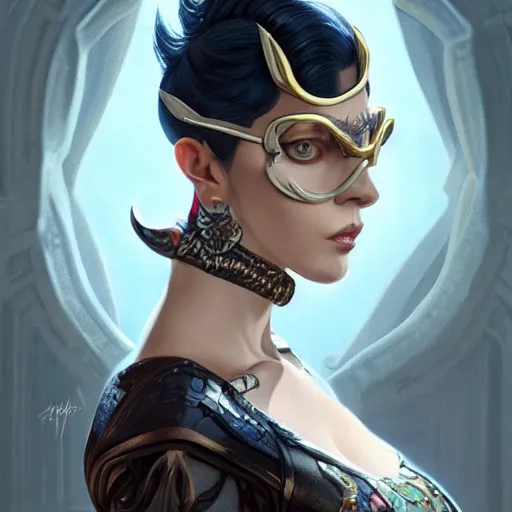 Image similar to a portrait a older anya taylor - joy as bayonetta, urban motifs, intricate, elegant, highly detailed, digital painting, trending on artstation, concept art, smooth sharp focus, illustration, art by artgerm and greg rutkowski