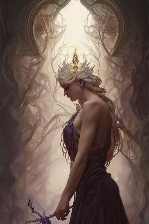 Image similar to white witch crafting magic spells, side view, crafting spells, bright witch, fantasy, chaos, magic, dark magic, dramatic lighting, intricate, wild, highly detailed, digital painting, artstation, concept art, smooth, sharp focus, illustration, art by artgerm and greg rutkowski and alphonse mucha