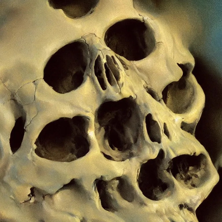 Prompt: closeup of metal skull submerged in milk painted by Edward Hopper, painted by Wayne Barlow, airbrush