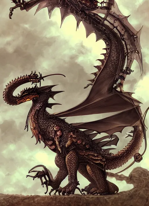 Image similar to real dragon with life support system, steampunk background, concept art, creature design, graphic novel, studio ghibli, artgerm, manga, trending on artstation, art nouveau, mature color scheme