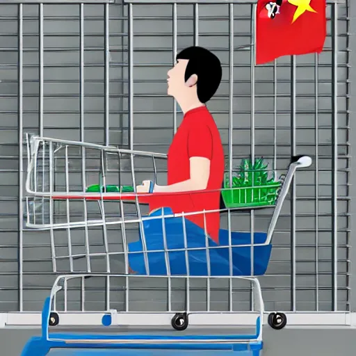 Prompt: chinese man sitting in shopping cart, realism style