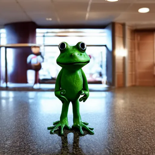 Image similar to a small frog standing on two feet at the hotel reception entry, claymation, aardman animation