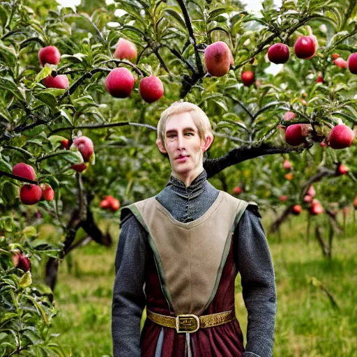 Prompt: portrait of a slender elven man, standing in an apple orchard, dressed in medieval clothes, very handsome, fantasy, dungeons and dragons