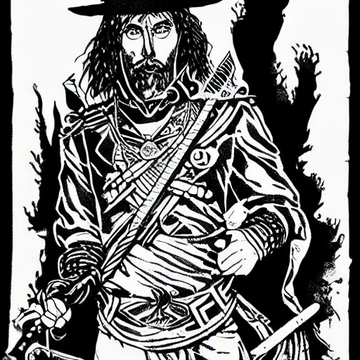 Prompt: black and white pen and ink!!!! rugged royal masonic goetic!! Frank Zappa x Ryan Gosling golden!!!! Vagabond!!!! floating magic swordsman!!!! glides through a beautiful!!!!!!! battlefield dramatic esoteric!!!!!! pen and ink!!!!! illustrated in high detail!!!!!!!! by Junji Ito and Hiroya Oku!!!!!!!!! graphic novel published on 2049 award winning!!!! full body portrait!!!!! action exposition manga panel black and white Shonen Jump issue by David Lynch and Ari Aster beautiful line art Araki