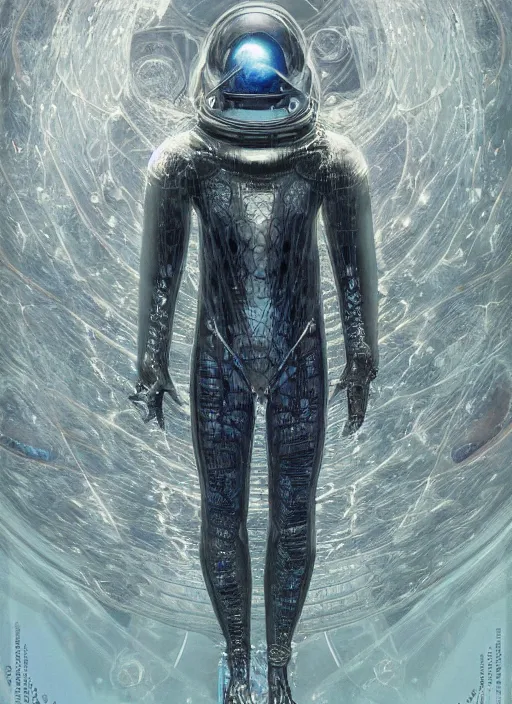 Image similar to astronaut in dark void underwater - complex and hyperdetailed technical suit design. reflection and dispersion materials. rays and dispersion of light. volumetric light. f / 3 2. noise film photo. flash photography. ultra realistic, 5 0 mm. poster by wayne barlowe, hajime sorayama aaron horkey, craig mullins