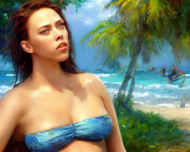 Image similar to portrait of scarlett johannson wearing a bikini at a park, an oil painting by ross tran and thomas kincade