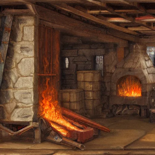 Prompt: detailed painting of a medieval forge, 4 k