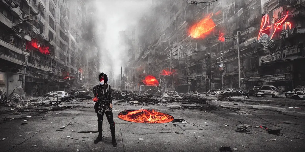 Image similar to post apocalyptic city, revolutionary punk masked up punk, fire, damaged, trash, full shot, by liam wong