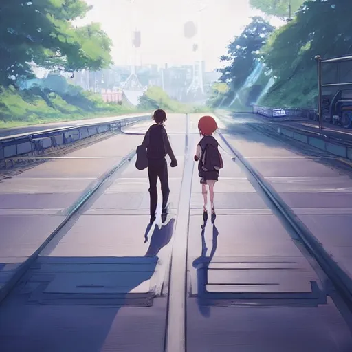 Image similar to a couple meeting up at a trainstation, running at each other with open arms. cgsociety masterpiece, artstation trending, by rossdraws, ghibli, Kimi no Na wa, greg rutkowski