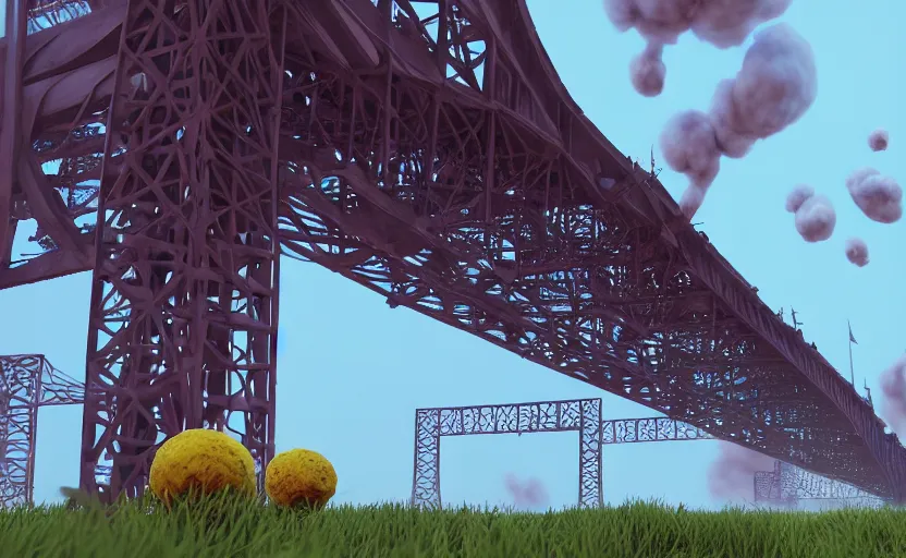 Image similar to huge explosions in the form of cotton plants destroy big harbour bridge, perspective, 3 d octane render, epic lighting, 8 k, by goro fujita