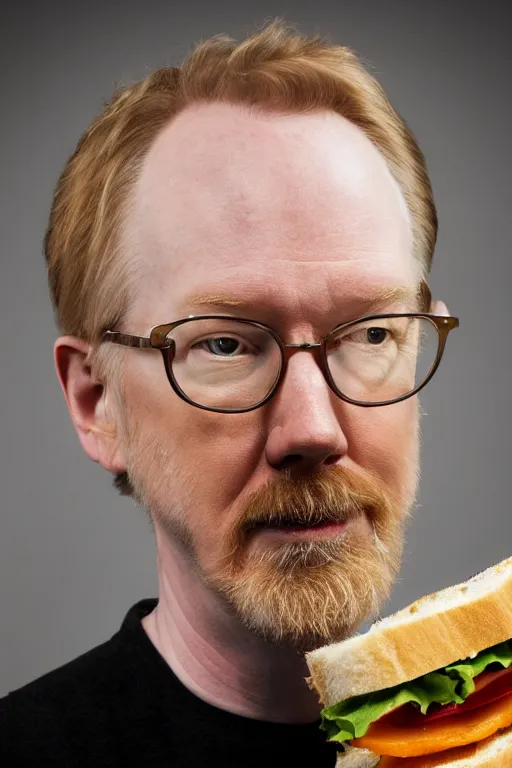 Image similar to 📷 portrait of adam savage with a sandwich head, food face, still image, high resolution, 4 k