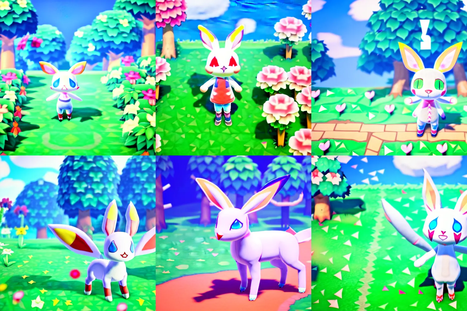 Prompt: Sylveon, Animal Crossing gameplay screenshot, volumetric lighting, Unreal Engine 5, minimal shading, saturated colors