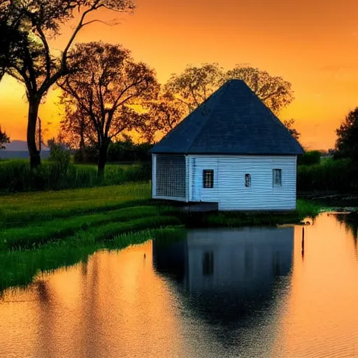 Image similar to beutiful river scenery, alongside small house,with beutiful sunset