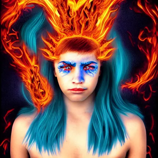 Prompt: portrait of young girl half dragon half human, dragon girl, dragon skin, dragon eyes, dragon crown, blue hair, long hair, surrounded of blue fire flowing, By David Lynch