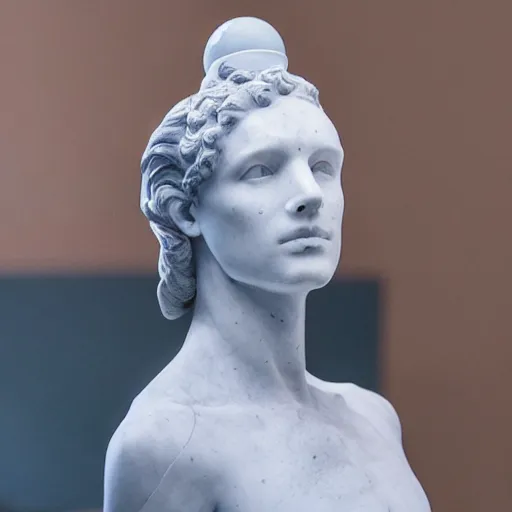 Prompt: a marble statue wearing virtual reality headsets, realistic, detailed, head in frame