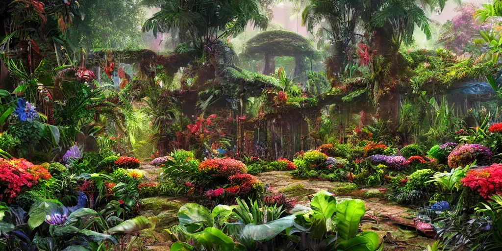 Image similar to An alien jungle, colorful flowers, pathway, reflection, rain, morning light, photorealistic, realistic, depth of field, temple ruins!, high definition, soft light, high definition, detailed, 8k, artstation