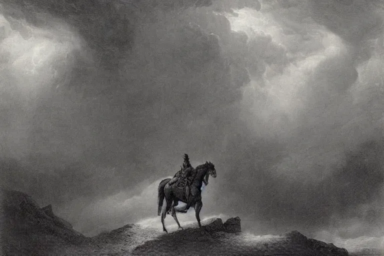 Prompt: A huge rider on a horse rides through epic storm, Gustave Dore lithography