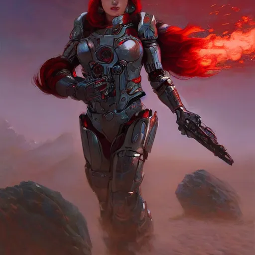 Image similar to a portrait of an woman with red short hair wearing a whiteblouse and robot armor commanding an army on a dead world full of rocks, highly detailed, centered, digital painting, artstation, concept art, donato giancola, Joseph Christian Leyendecker, WLOP, Boris Vallejo, Breathtaking